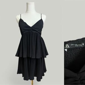 ZARA Dress Women Size Small Black Pleated Tiered Ruffle V Neck Mini Short Party